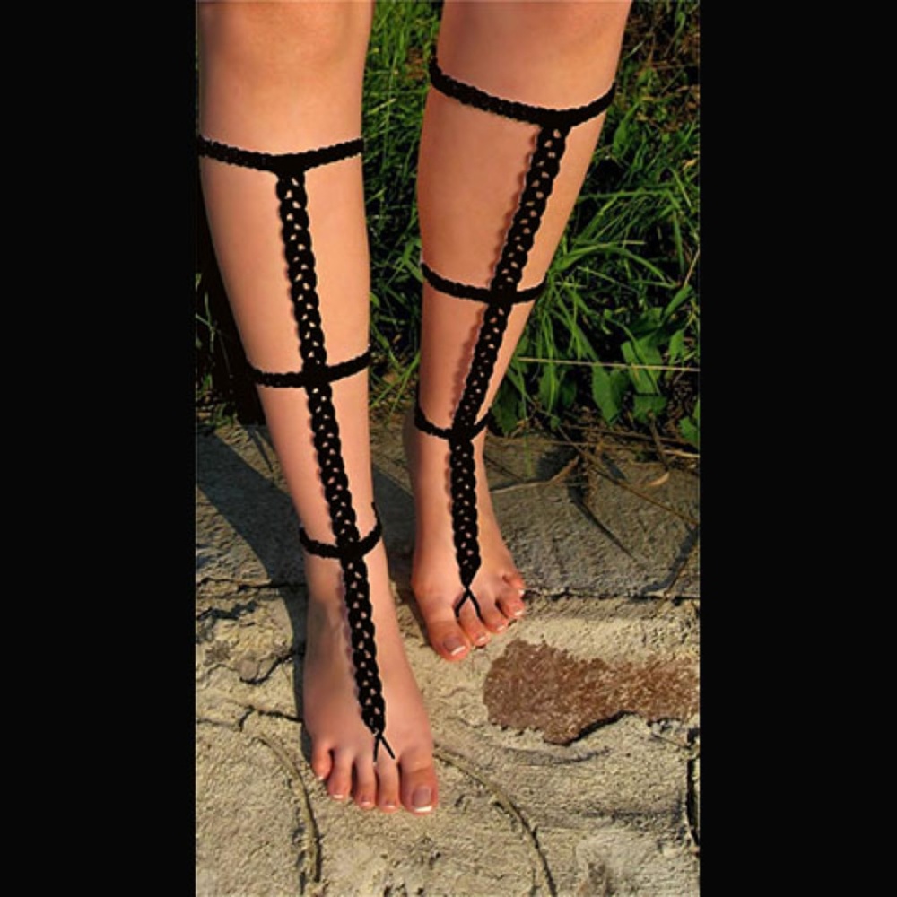 Black Handmade Crochet Barefoot Gladiator Sandals - Picture 1 of 4